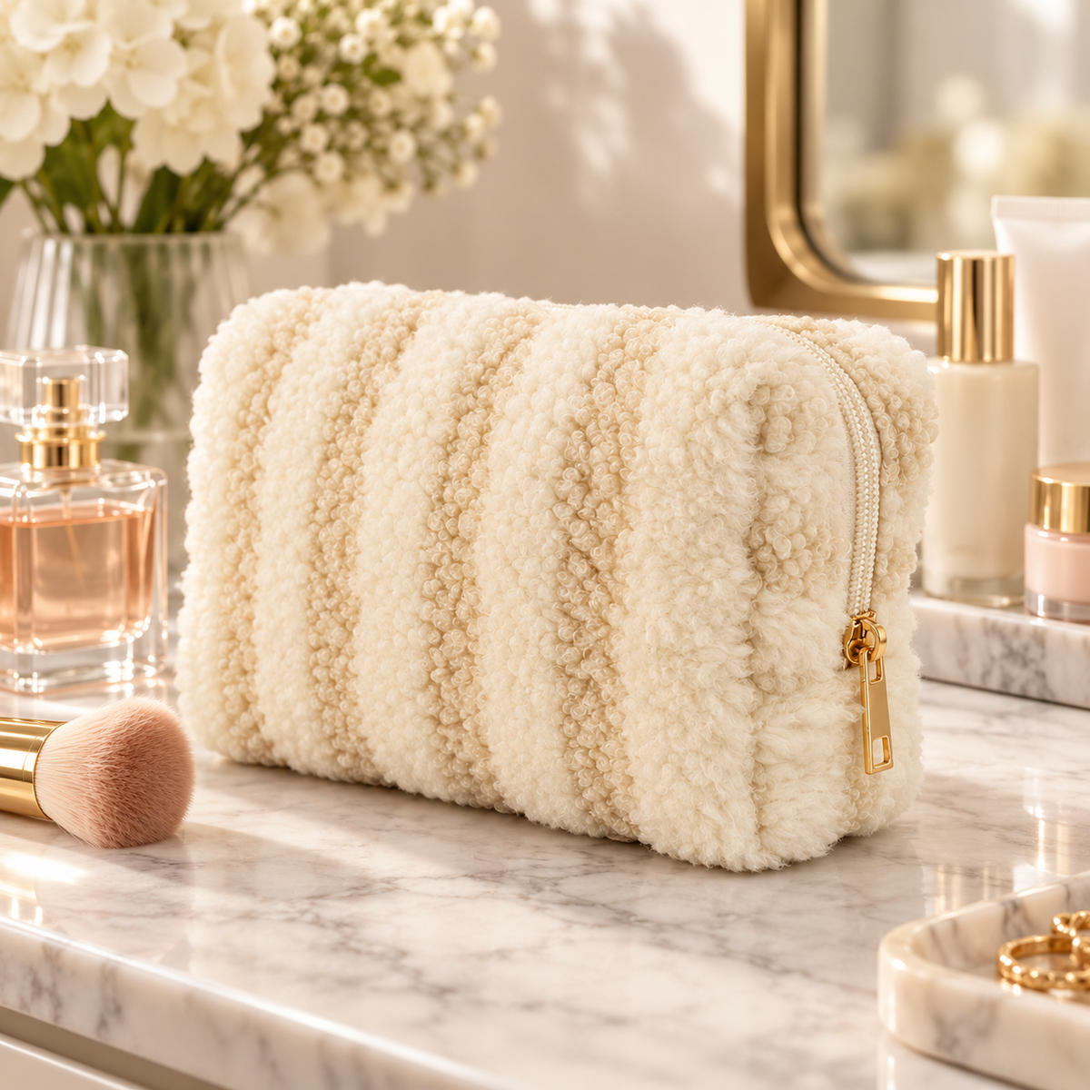Ivory striped bouclé cosmetic case styled on a vanity with perfume, makeup brush, and skincare