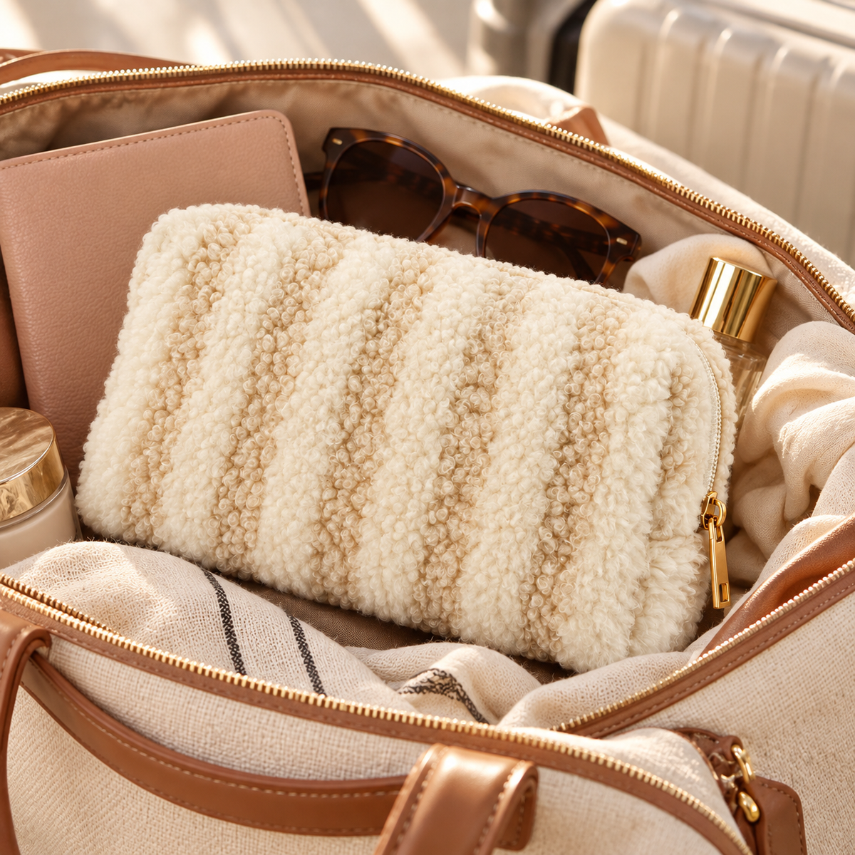 Woman holding ivory striped bouclé cosmetic case with gold zipper in a neutral everyday outfit