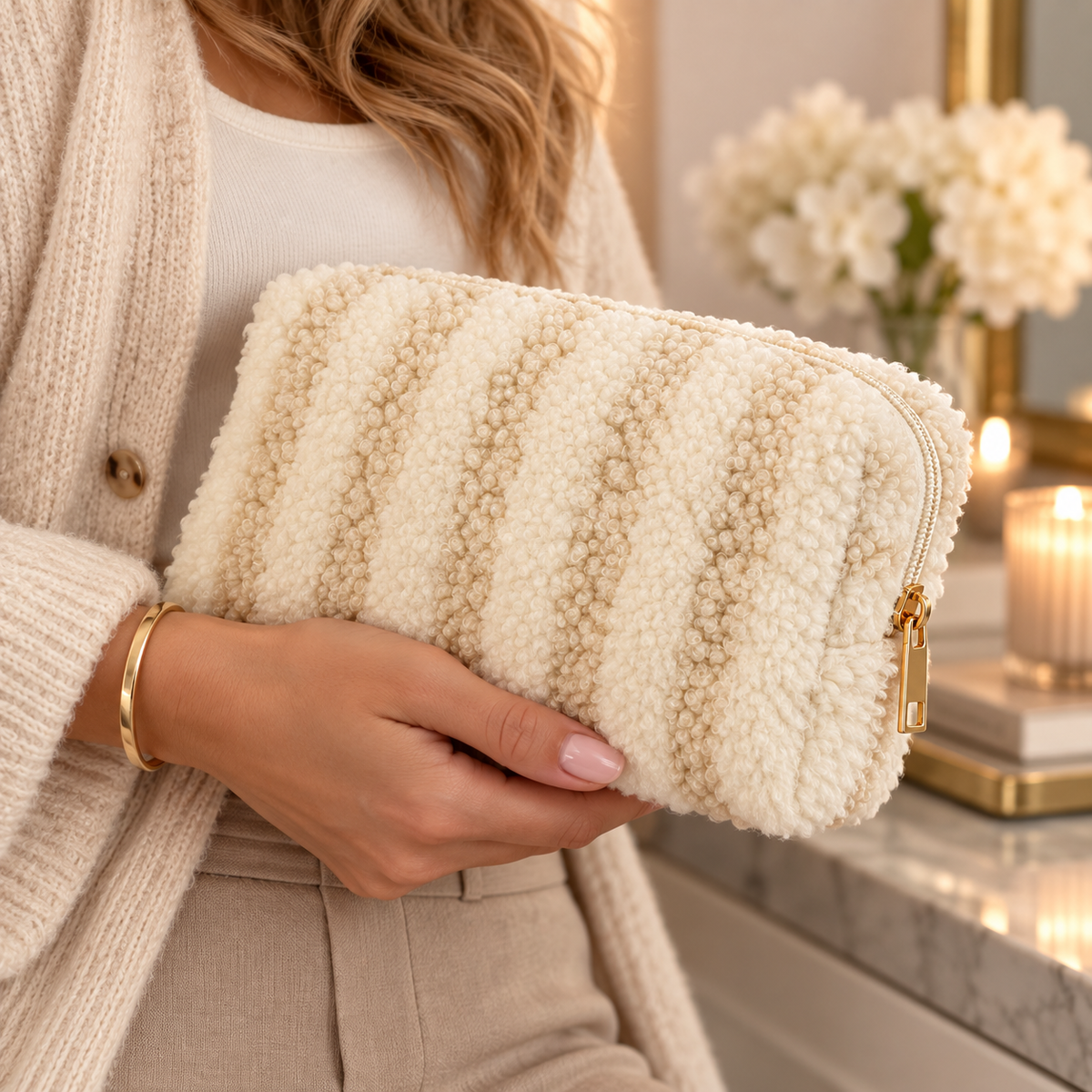 Ivory bouclé cosmetic pouch packed inside a travel tote with sunglasses and beauty essentials