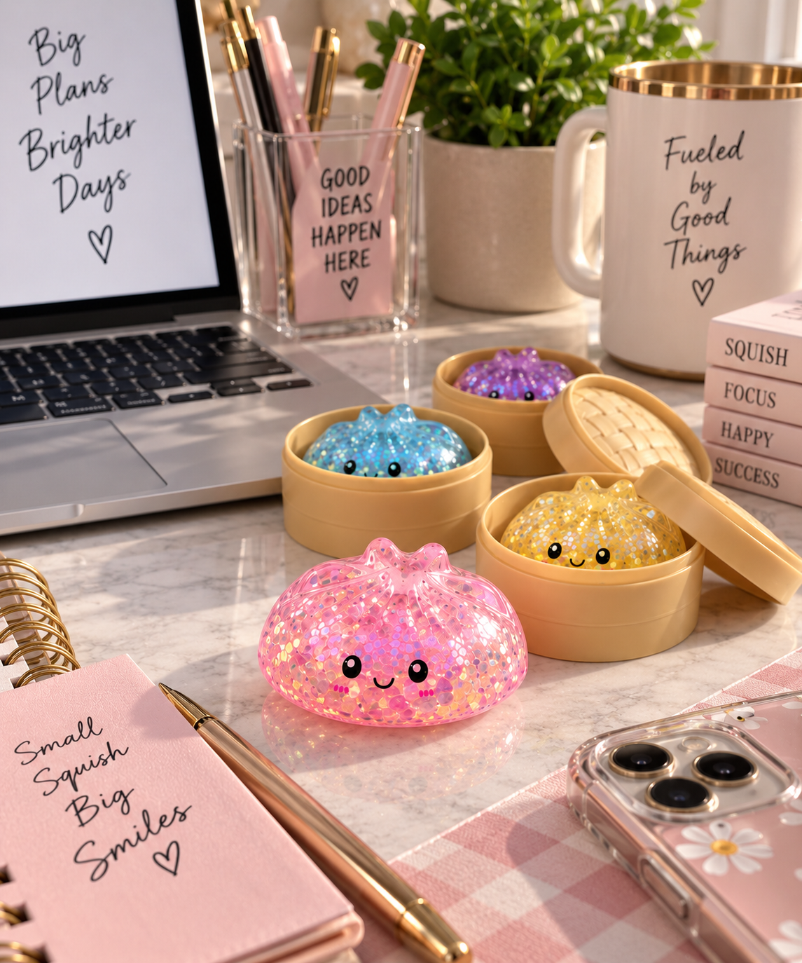 A cute pink glittery slime character toy with a smiling face sits on a desk next to three small bamboo steamers holding blue, yellow, and purple slime. The scene is styled with desk accessories including a laptop, mug, notebook, and phone on a marble surface.