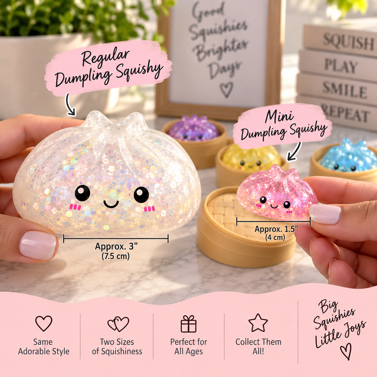 Two hands hold glittery dumpling-shaped squishies labeled 'Regular Dumpling Squishy' and 'Mini Dumpling Squishy' with size callouts. The scene includes additional colorful squishies in bamboo steamers, decorative signs, and a pink banner at the bottom with product claims.