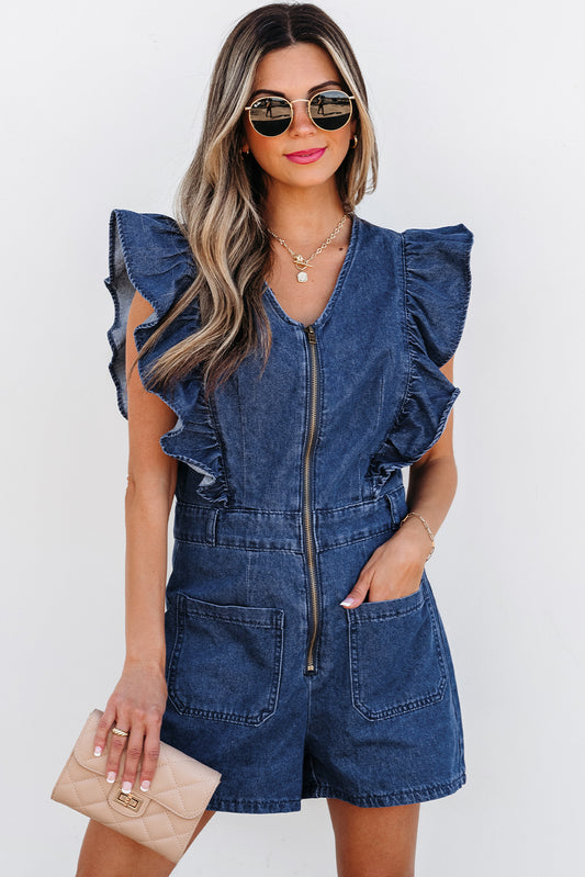 Denim Ruffled Zipped Front Belted Romper