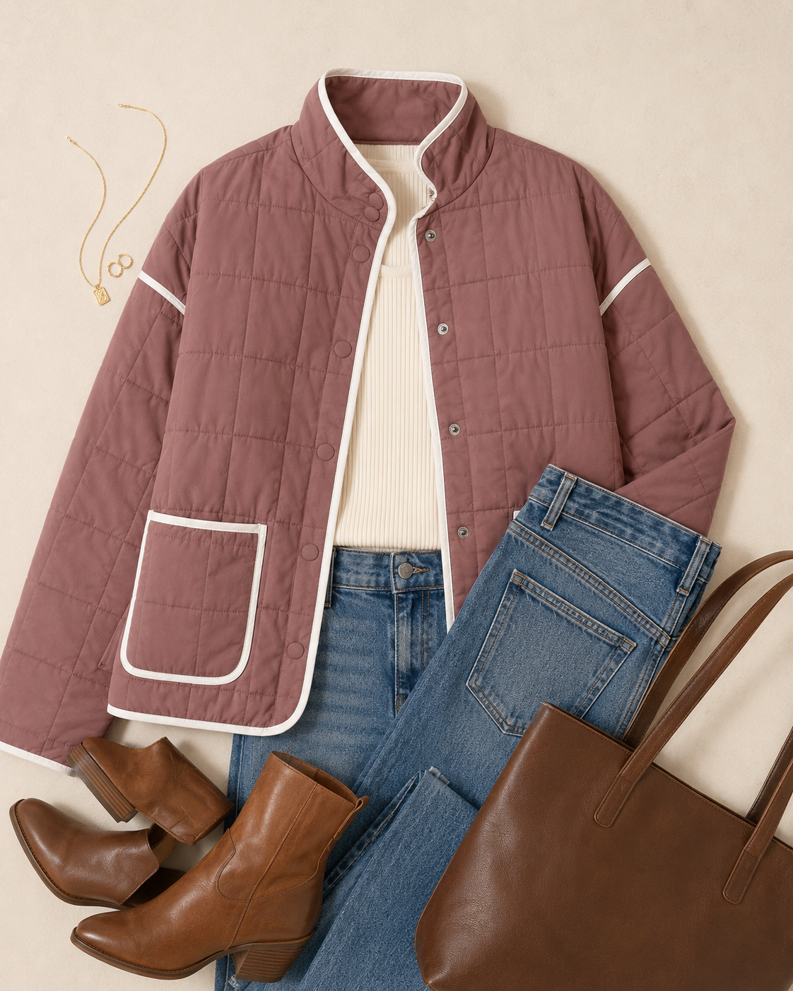 A styled flat-lay featuring a dusty rose quilted jacket with white contrast trim, layered over a cream ribbed top, blue jeans, brown ankle boots, and a brown tote bag on a light beige background.