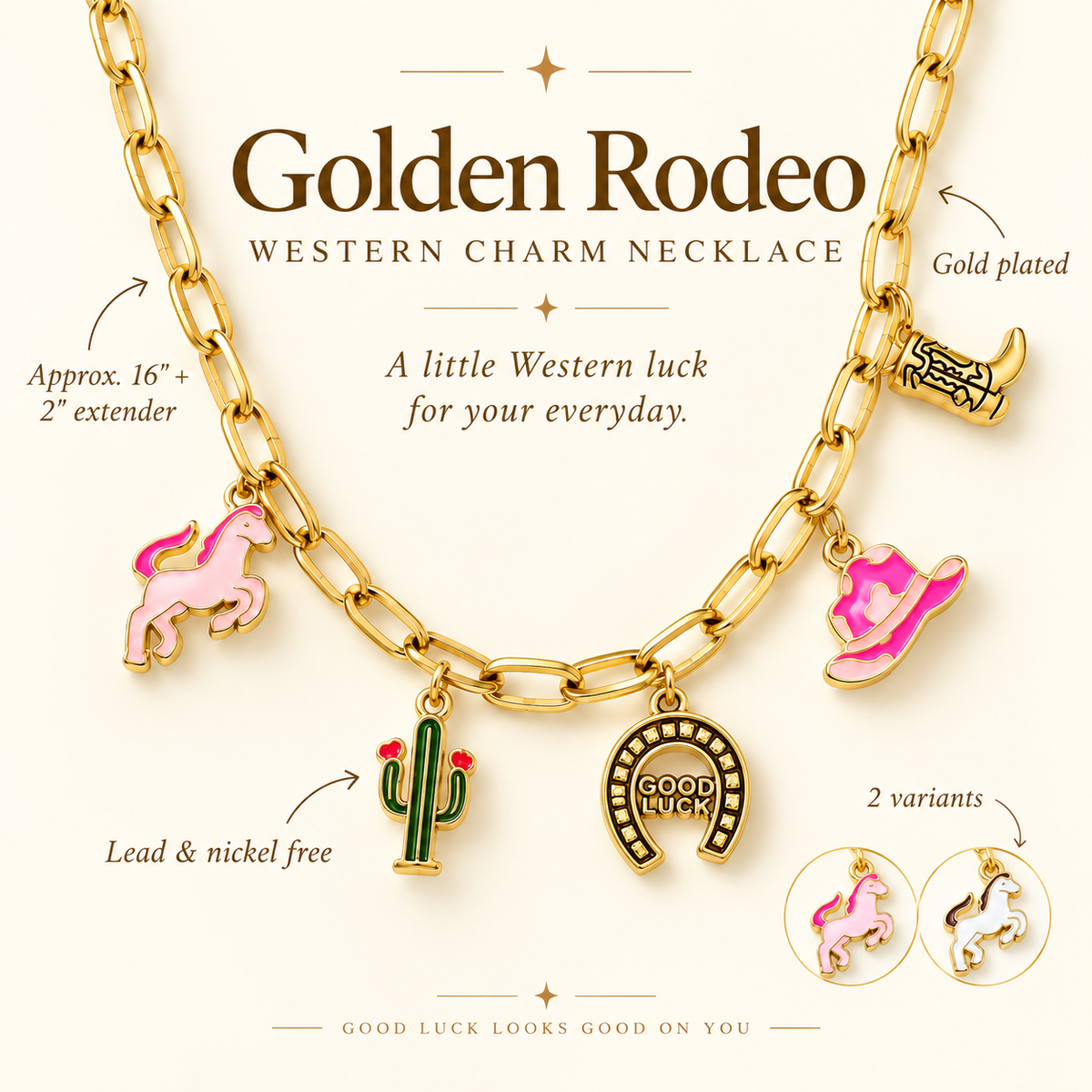 Feature image of golden rodeo western charm necklace showing 16-inch length, 2-inch extender, gold-plated finish, and two variants