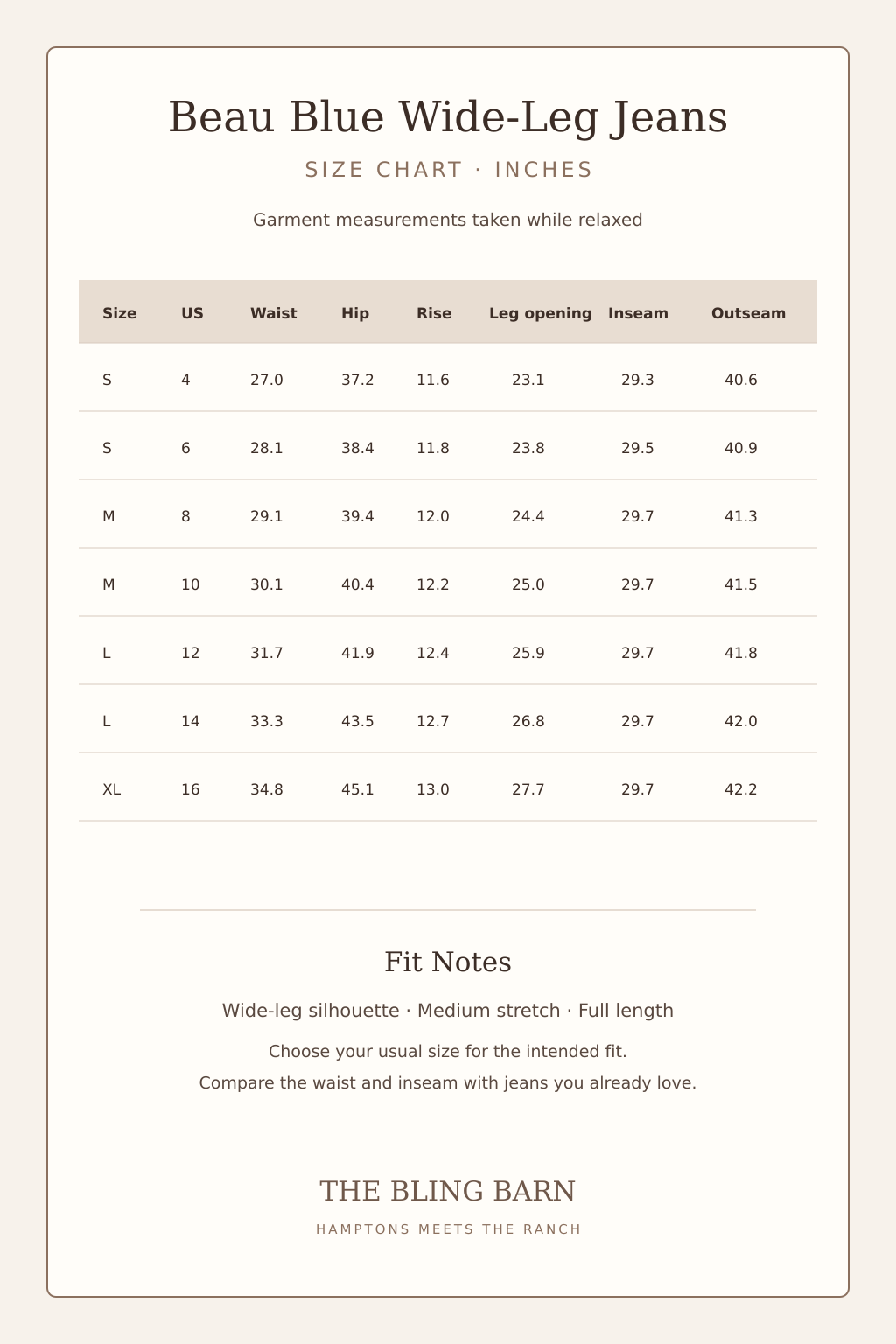 Blue Haven Patch-Pocket Wide-Leg Jeans size chart in inches for US sizes 4 through 16.