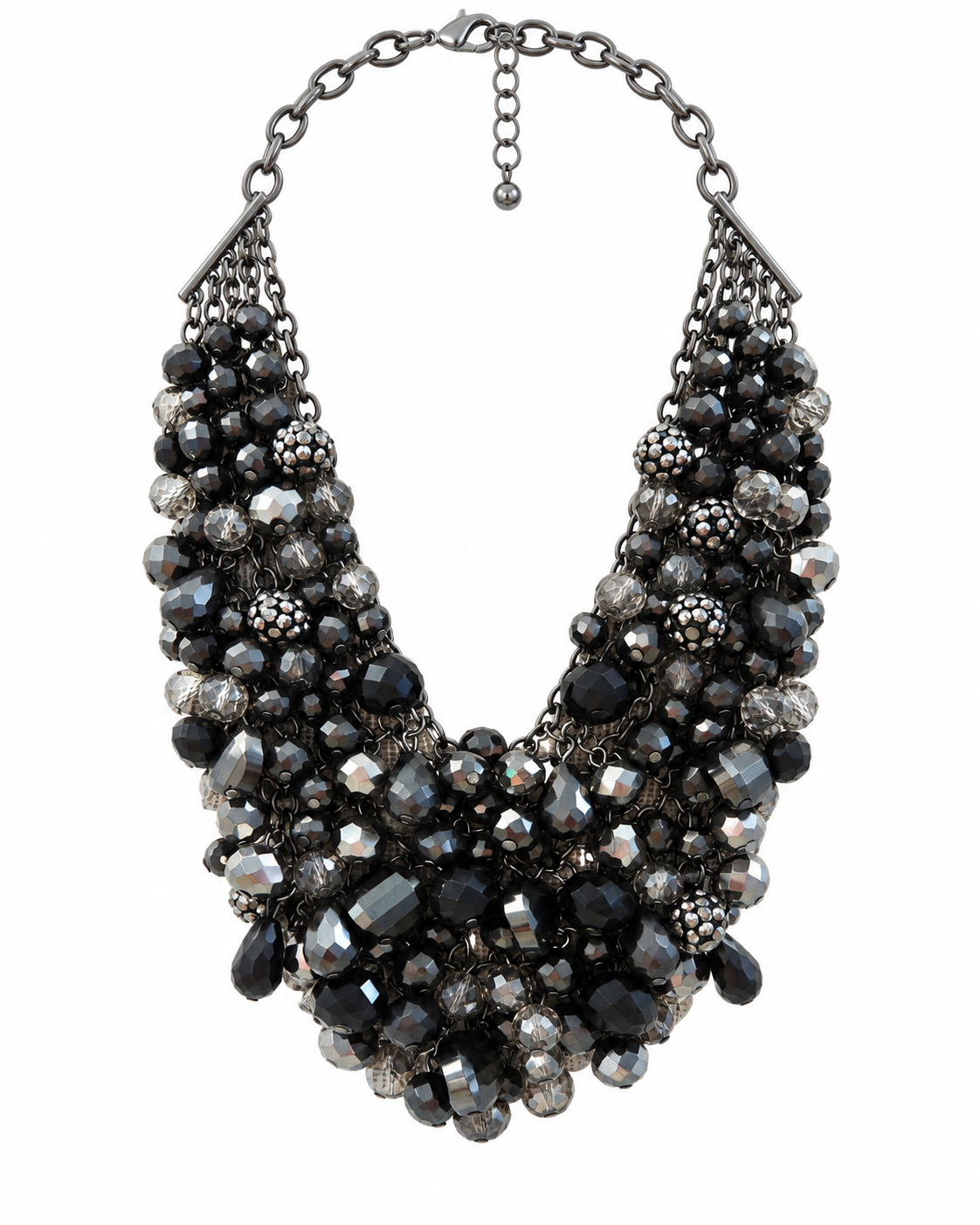 A multi-strand statement bib necklace featuring faceted black, dark gray, and clear crystal beads set in dark silver-tone metal, shown against a plain white background.