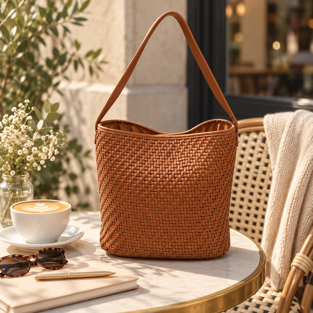 Woven Bucket Hobo Bag with Wide Shoulder Strap