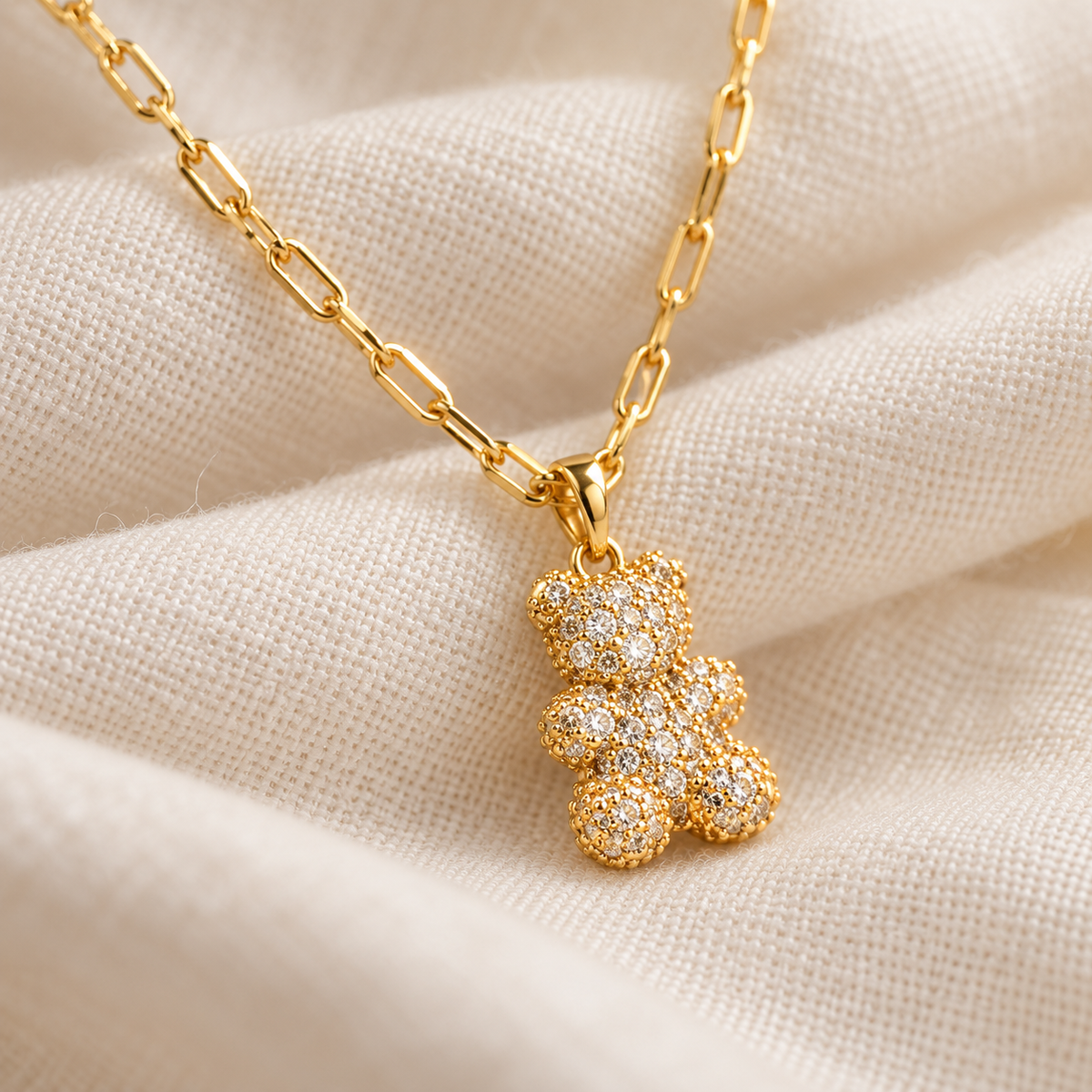 Bling Bear Gold Pavé Teddy Bear Pendant Necklace