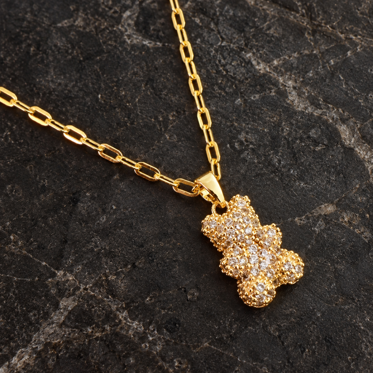 Bling Bear Gold Pavé Teddy Bear Pendant Necklace