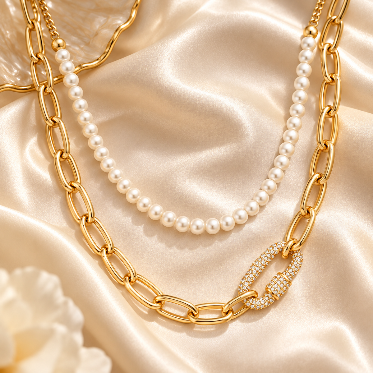 Classic Duo Pearl & Gold Layered Necklace Set – 2 Piece