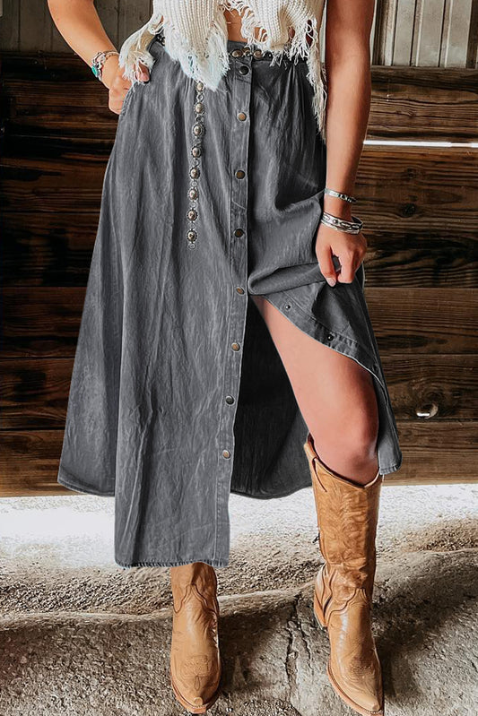 Western Style Fully Buttoned Long Denim Skirt