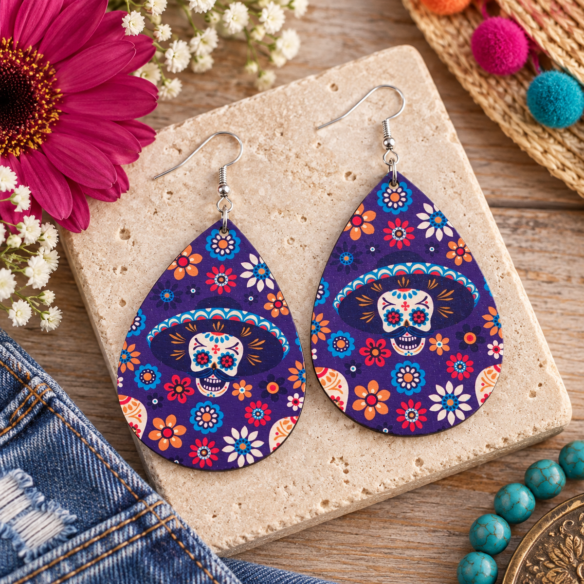 Sugar skull wood earrings styled in a vibrant flat lay with denim, florals, and western-inspired accessories