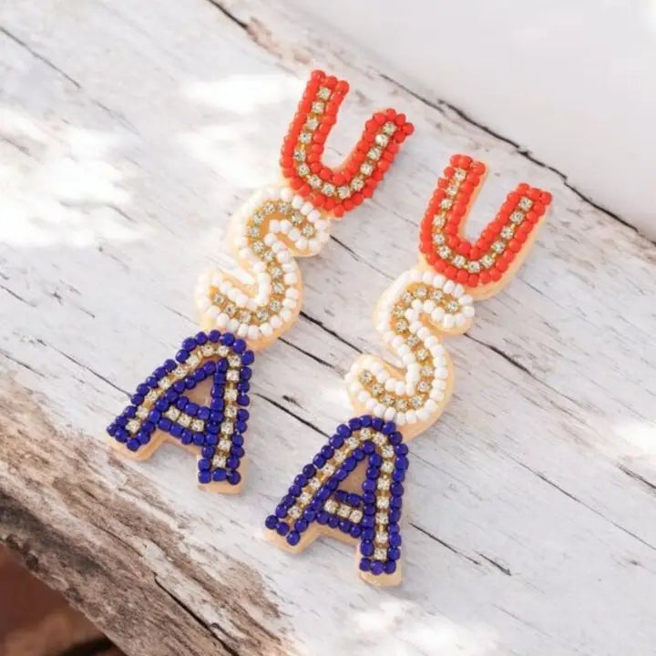 Patriotic For The USA Seed Beed Drop Earrings