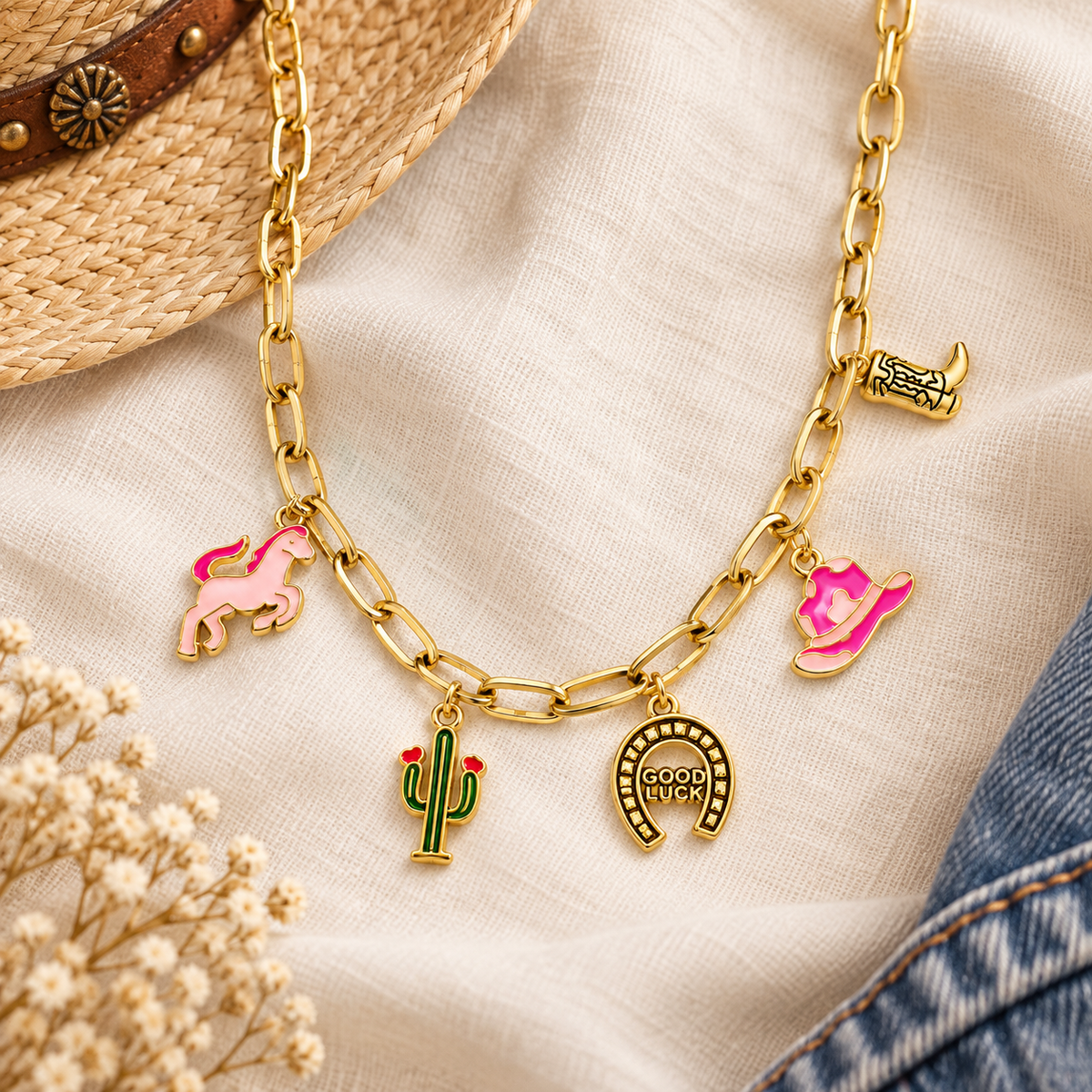 Golden rodeo western charm necklace flat lay styled with ivory linen, straw hat, and denim