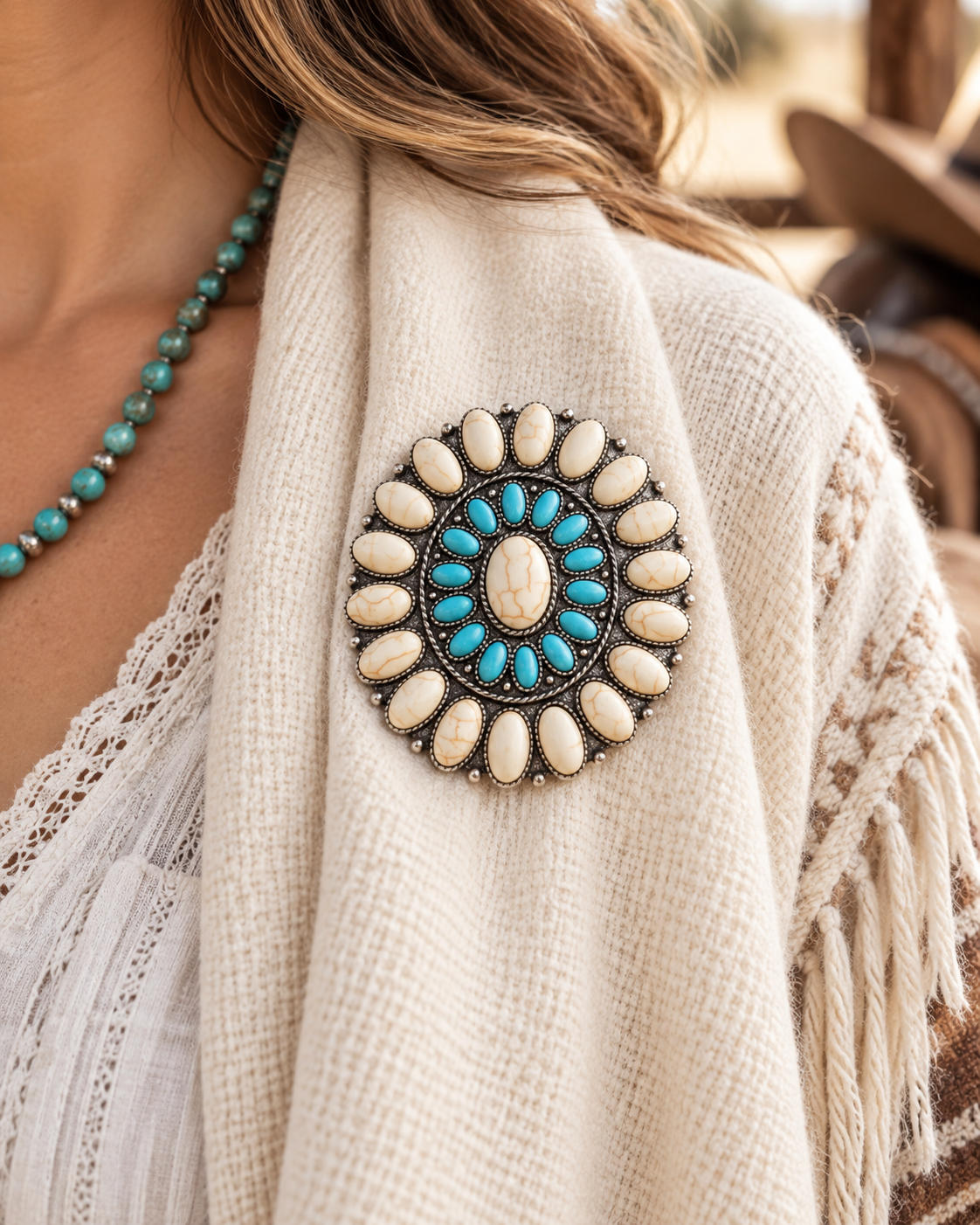 A close-up of a person wearing a large circular Southwestern-style turquoise and shell brooch on a cream woven shawl over a white lace top.