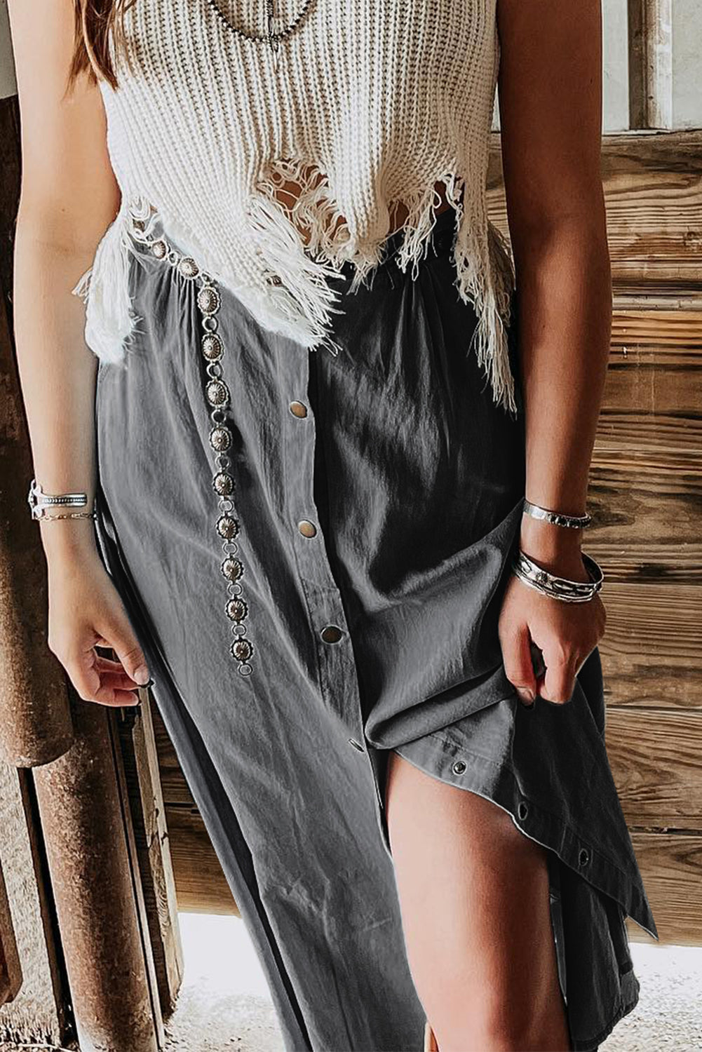 Western Style Fully Buttoned Long Denim Skirt