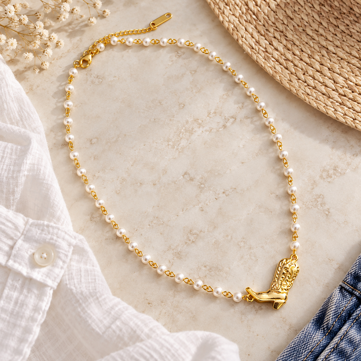 Gold cowgirl boot glass pearl necklace styled in a flat lay with white linen, straw hat, and denim