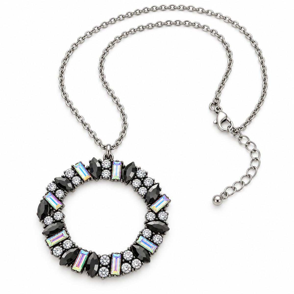 Silver-tone wreath pendant necklace with lobster clasp and adjustable extender chain shown on a white background