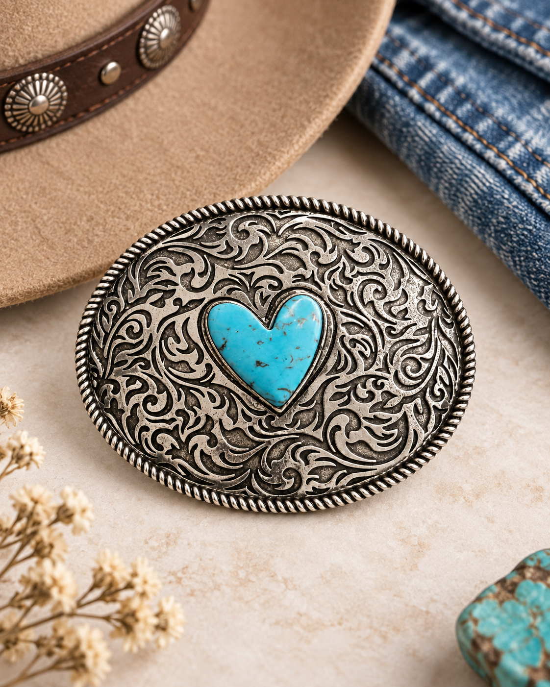 An oval silver-toned engraved belt buckle with a turquoise heart in the center, styled on a beige surface with a tan hat, blue jeans, dried flowers, and a turquoise stone nearby.