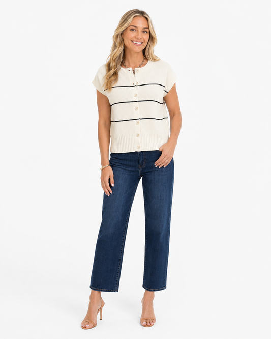 Ivory & Ink Short Sleeve Knit Cardigan on blonde model, featuring black horizontal stripes, button front and ribbed hem.