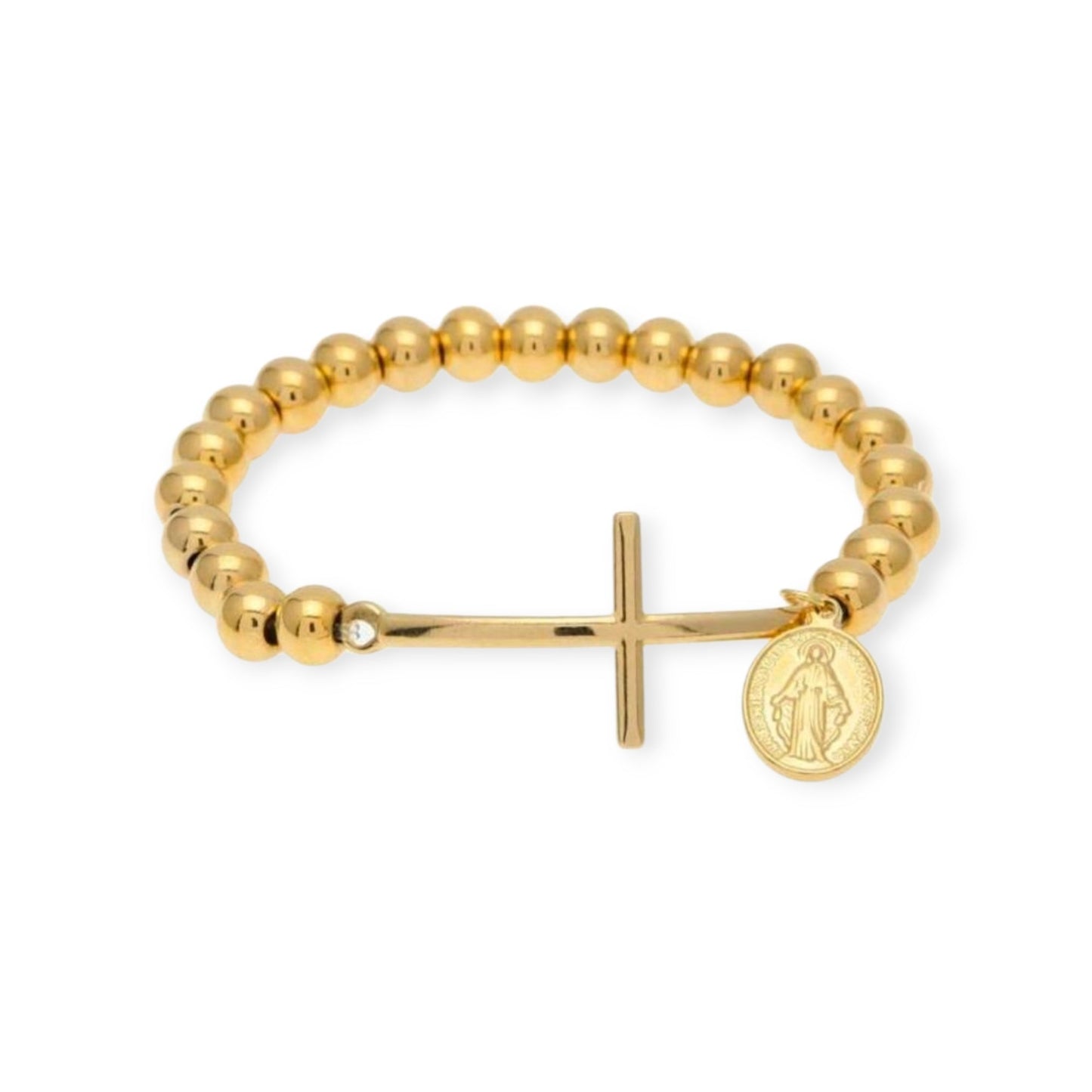 Stainless Steel 8mm Round Bead Stretch Cross Bracelet