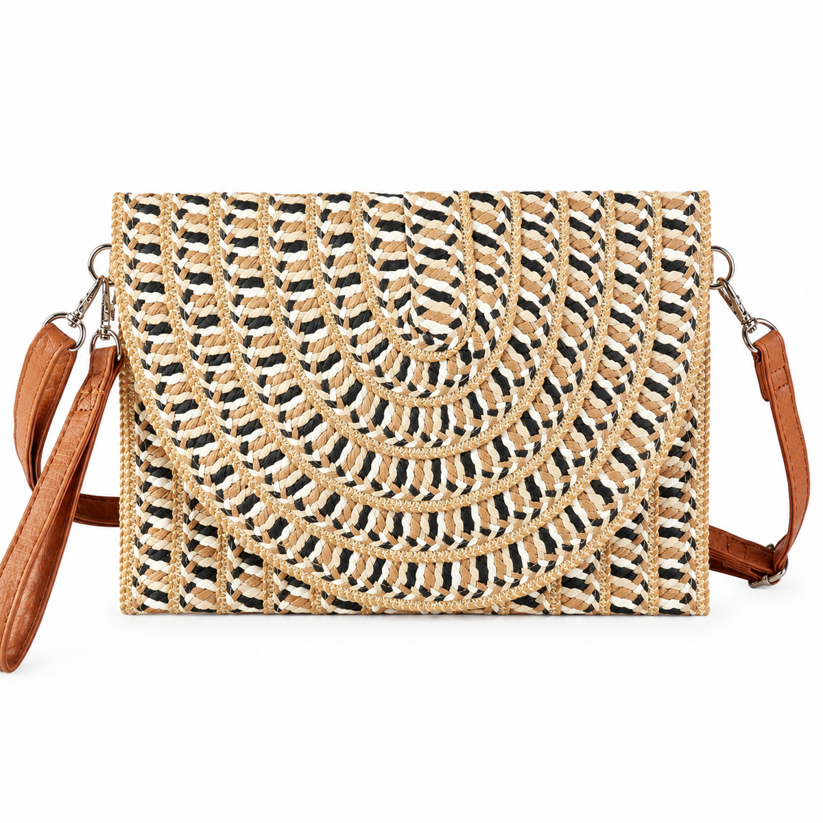 Taupe Coastal Mesa straw-look crossbody clutch with curved woven front design and detachable strap