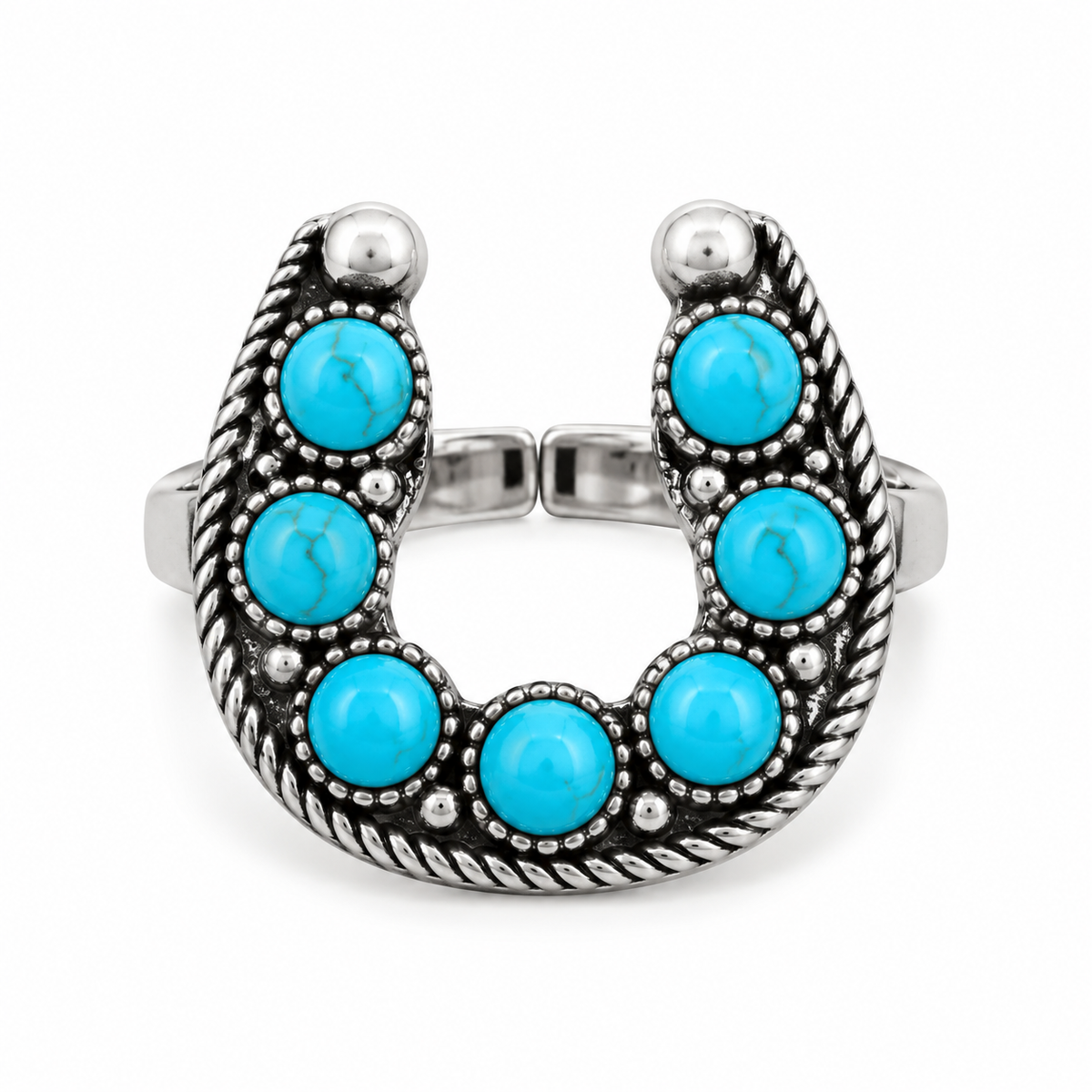 Lucky West faux turquoise horseshoe ring with silver-tone western detailing on white background