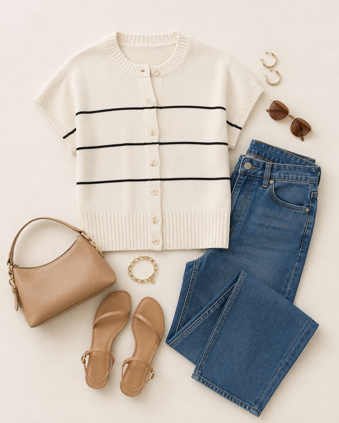 Ivory & Ink Short Sleeve Knit Cardigan styled with blue denim, neutral handbag, sandals, sunglasses and gold accessories.
