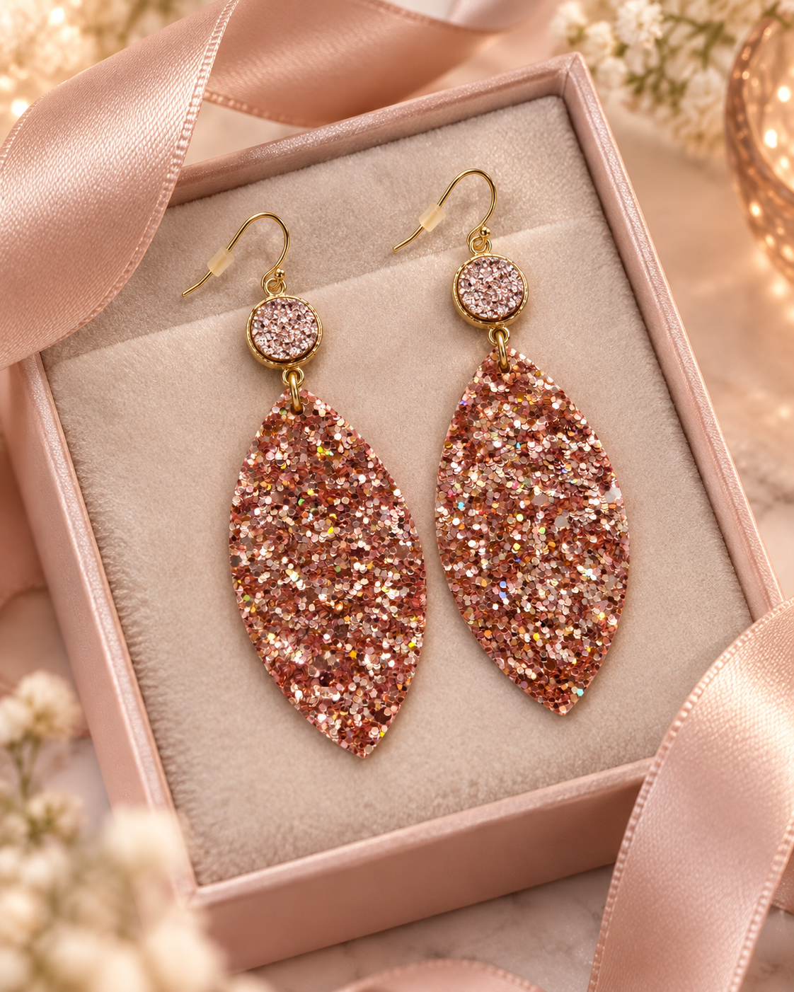 Rose-gold glitter statement earrings presented in a blush gift box with satin ribbon and warm gift-ready styling