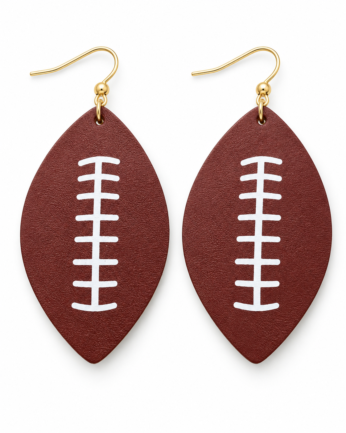Angled product view of football drop earrings showing gold-tone hooks and textured brown finish
