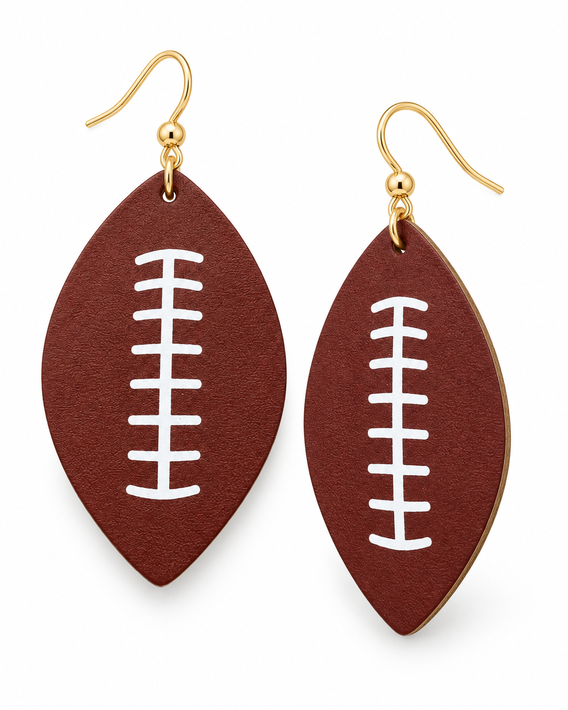 Friday Night Lights football drop earrings with deep brown football shapes, white lace details, and gold-tone hooks on a white background
