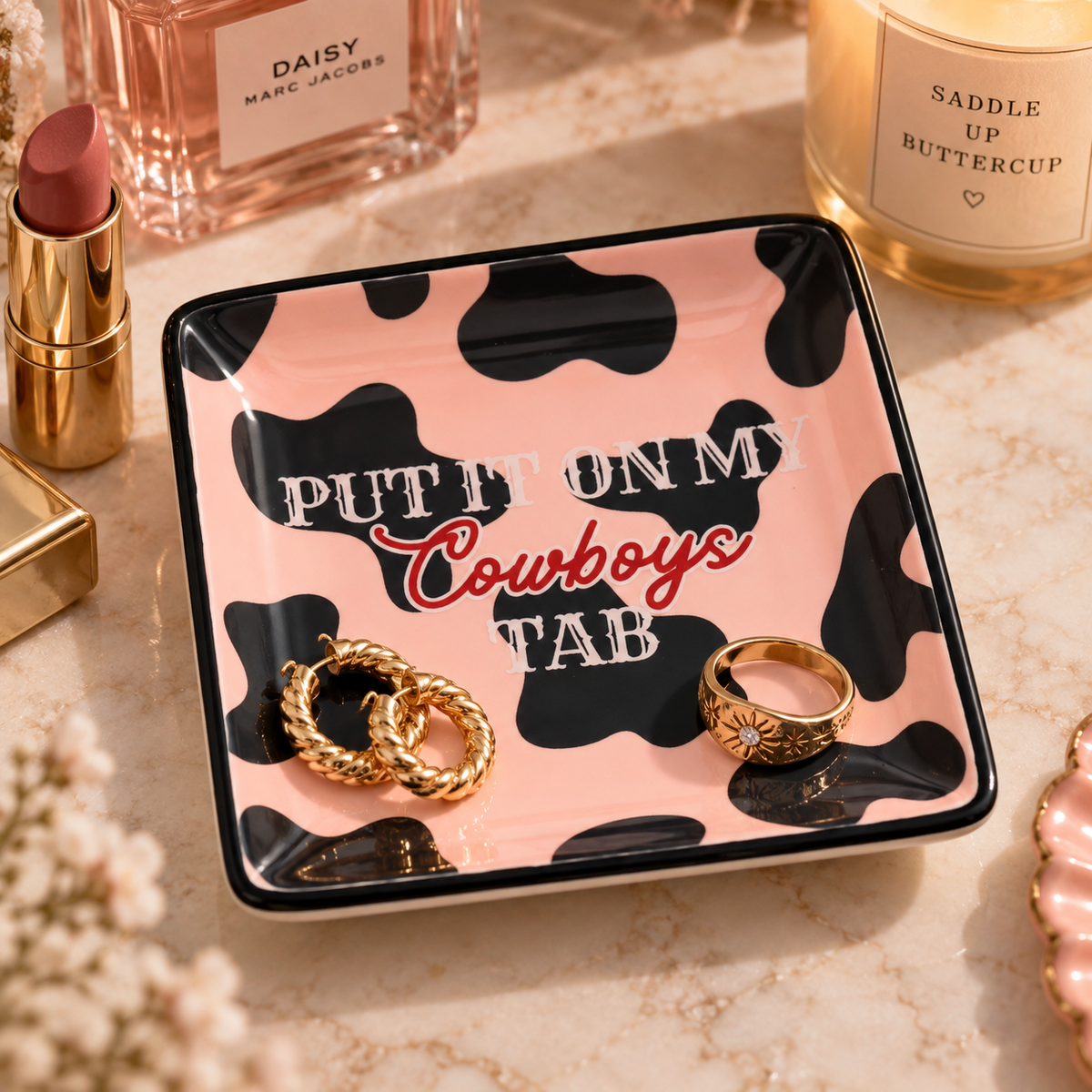 Put It On My Cowboys Tab square trinket tray packaged in a gift box with ribbon