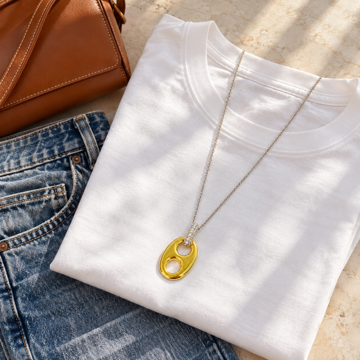 Two-tone horse bit necklace styled with a white tee, denim, and brown bag