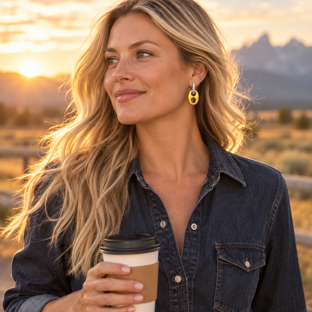 Woman wearing gold horse bit drop earrings with a denim shirt