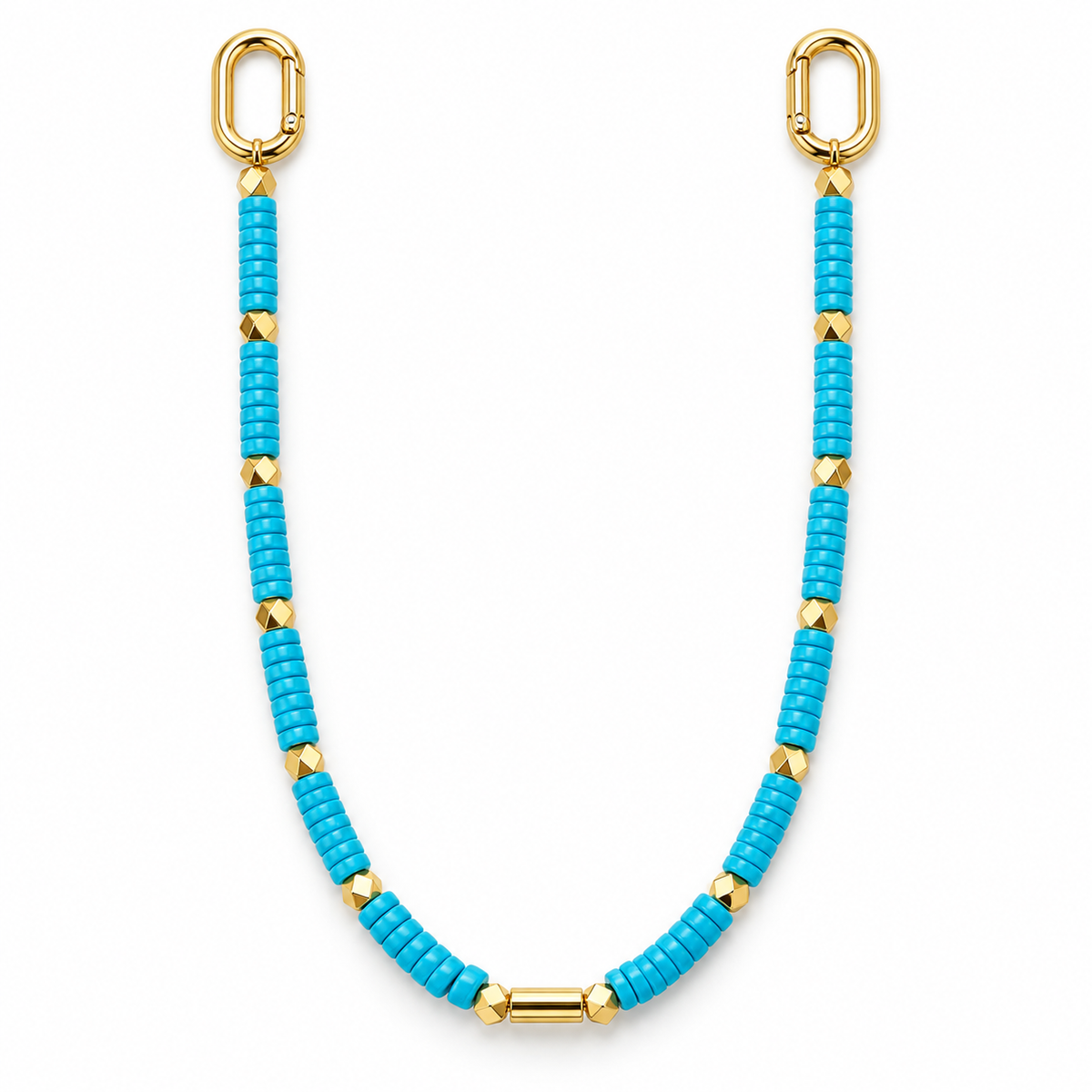Faux turquoise and gold beaded bag charm on white background