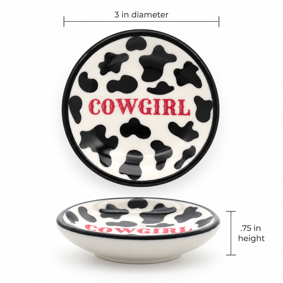 Cowprint Cowgirl ceramic ring dish styled as a western gift with pink ribbon and cowgirl accessories