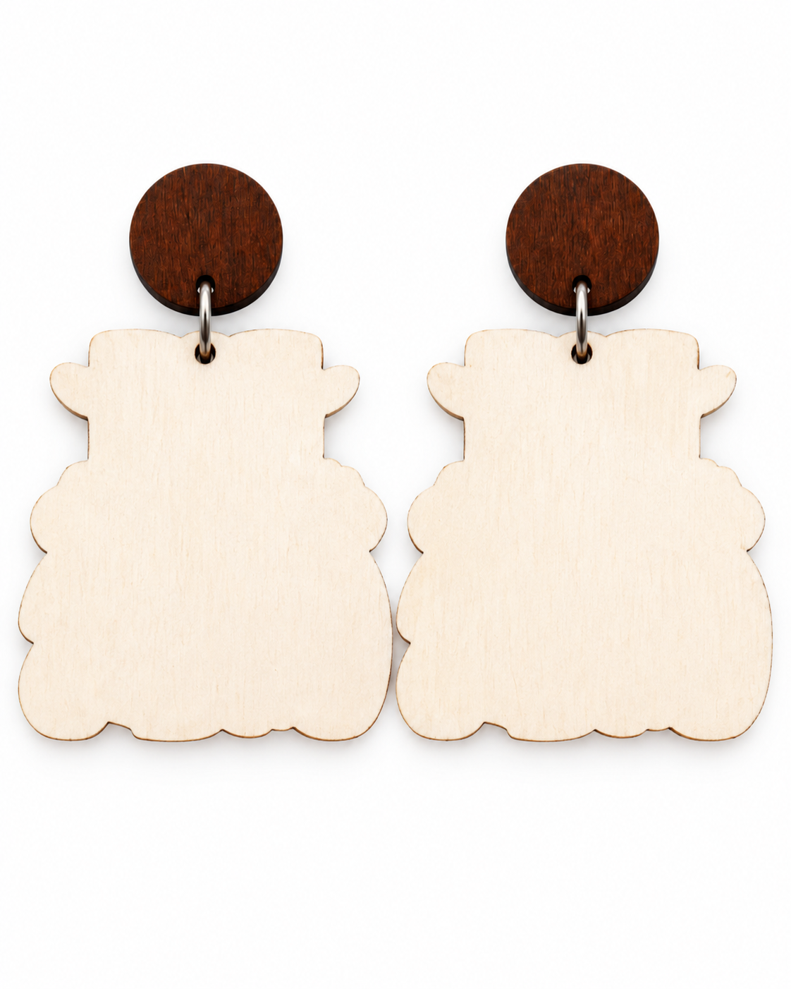 Back view of Pie Before Guys wooden statement earrings showing natural wood finish