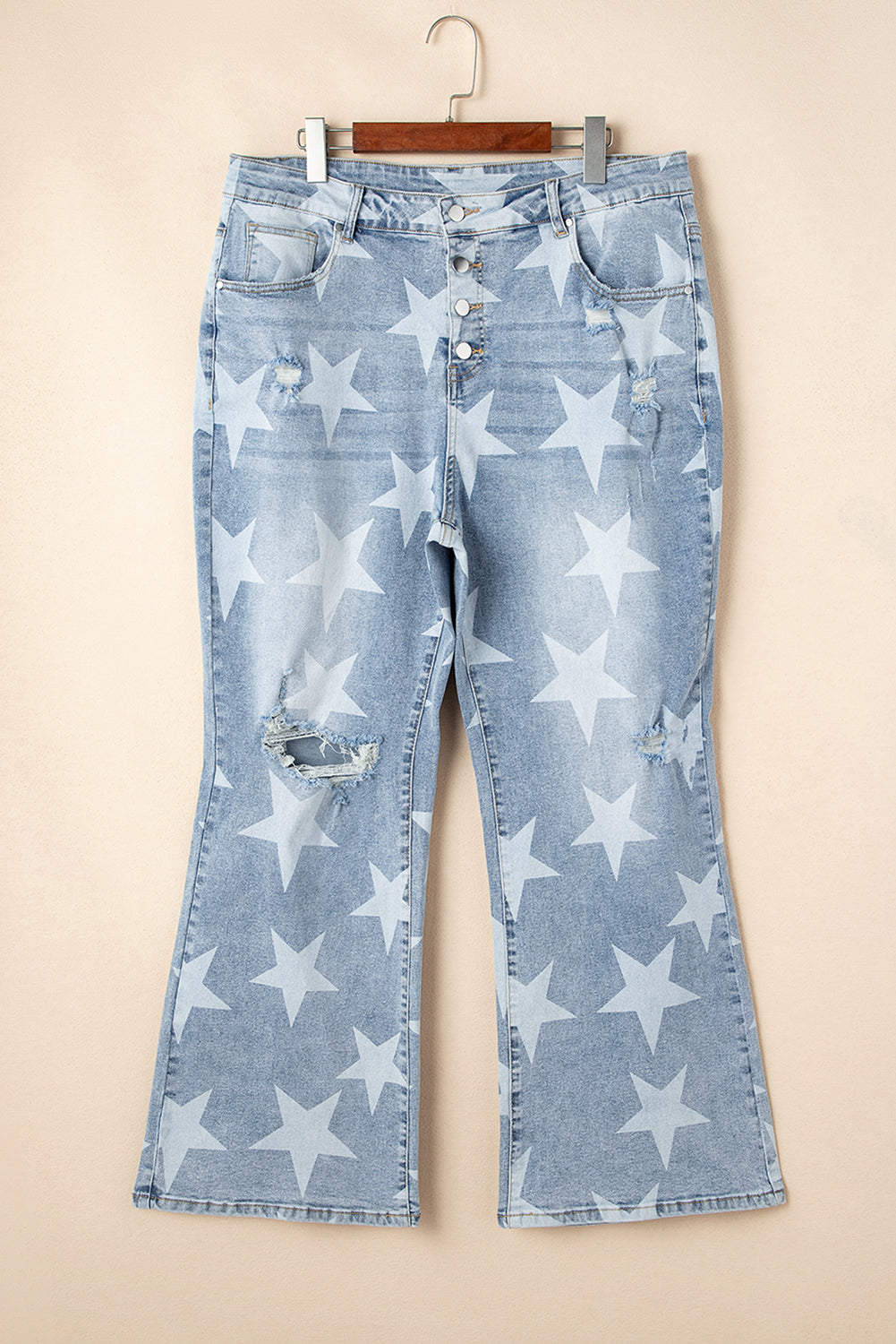 Oh My Star Printed Multi Buttons Slit Knee Destroyed Plus Size Jeans