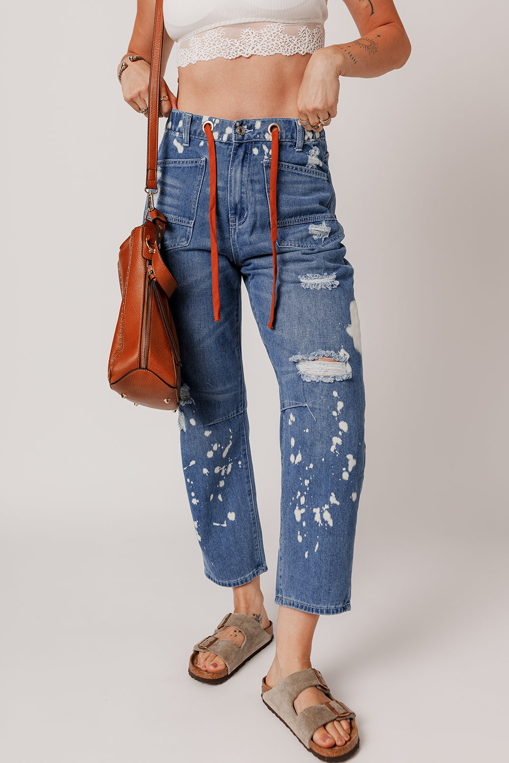 Ripped Splattering Paint Rope Waist Cropped Straight Jeans