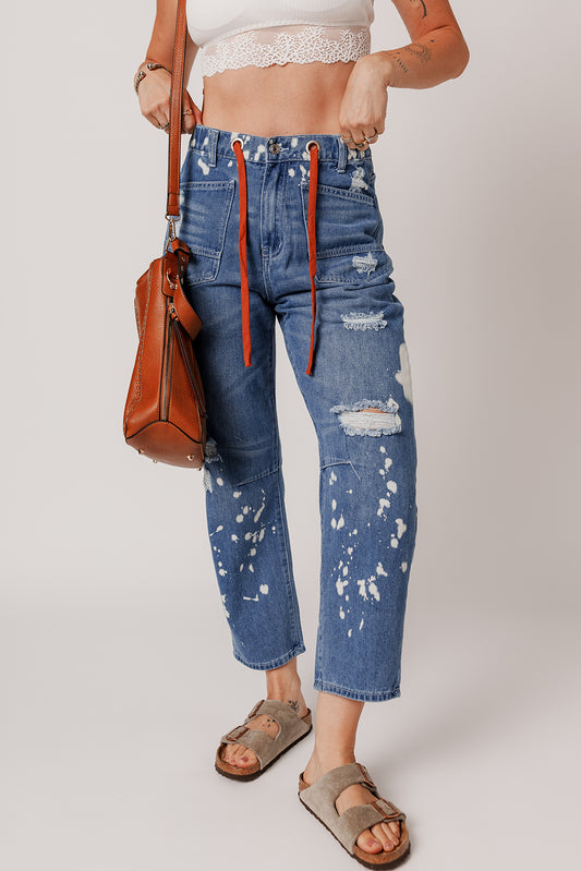 Ripped Splattering Paint Rope Waist Cropped Straight Jeans