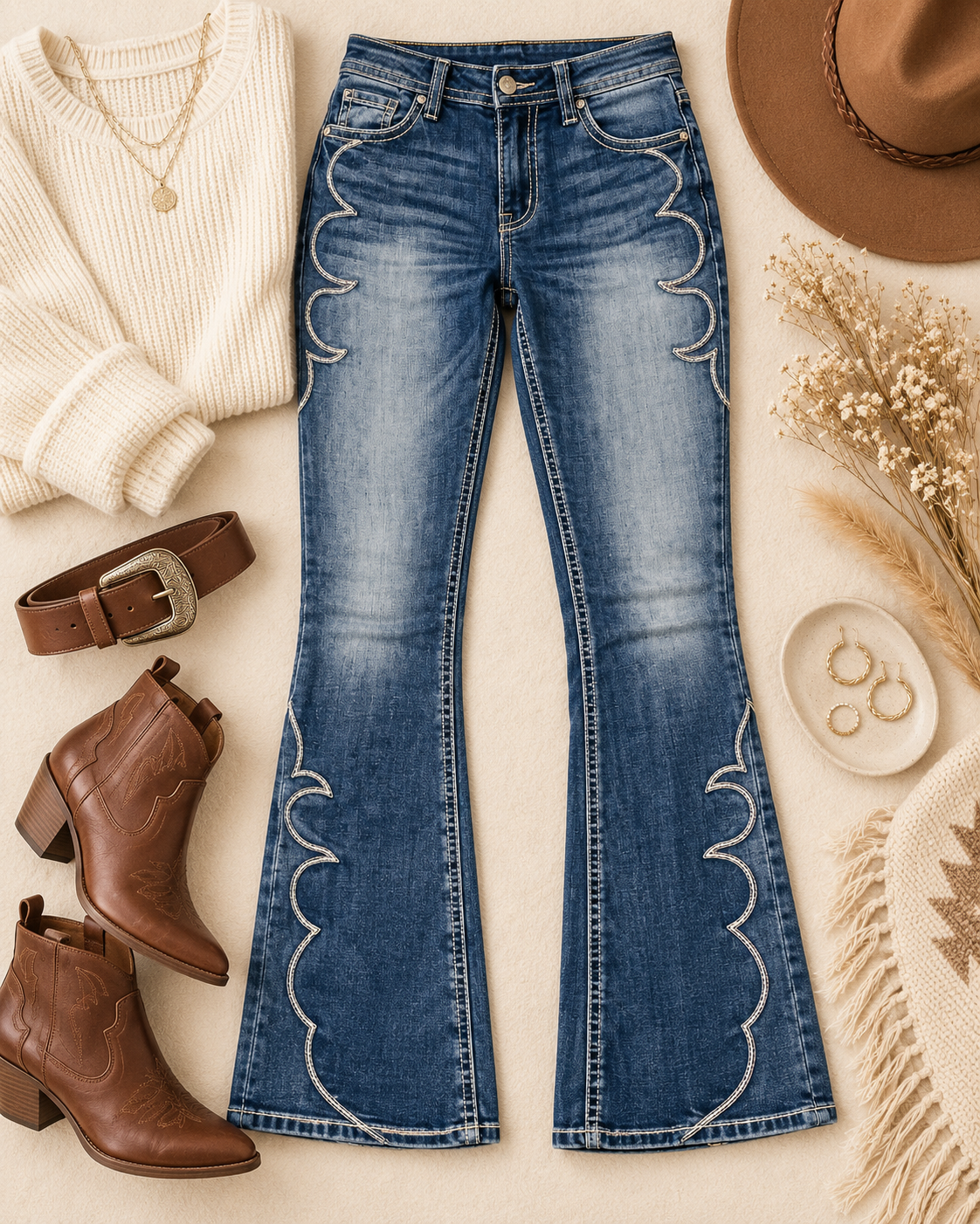 A pair of blue western-style flare jeans with scalloped white embroidery down the front, styled in a flat lay with brown ankle boots, a cream sweater, a brown belt, a brown hat, dried flowers, rings, and a fringed textile on a beige background.