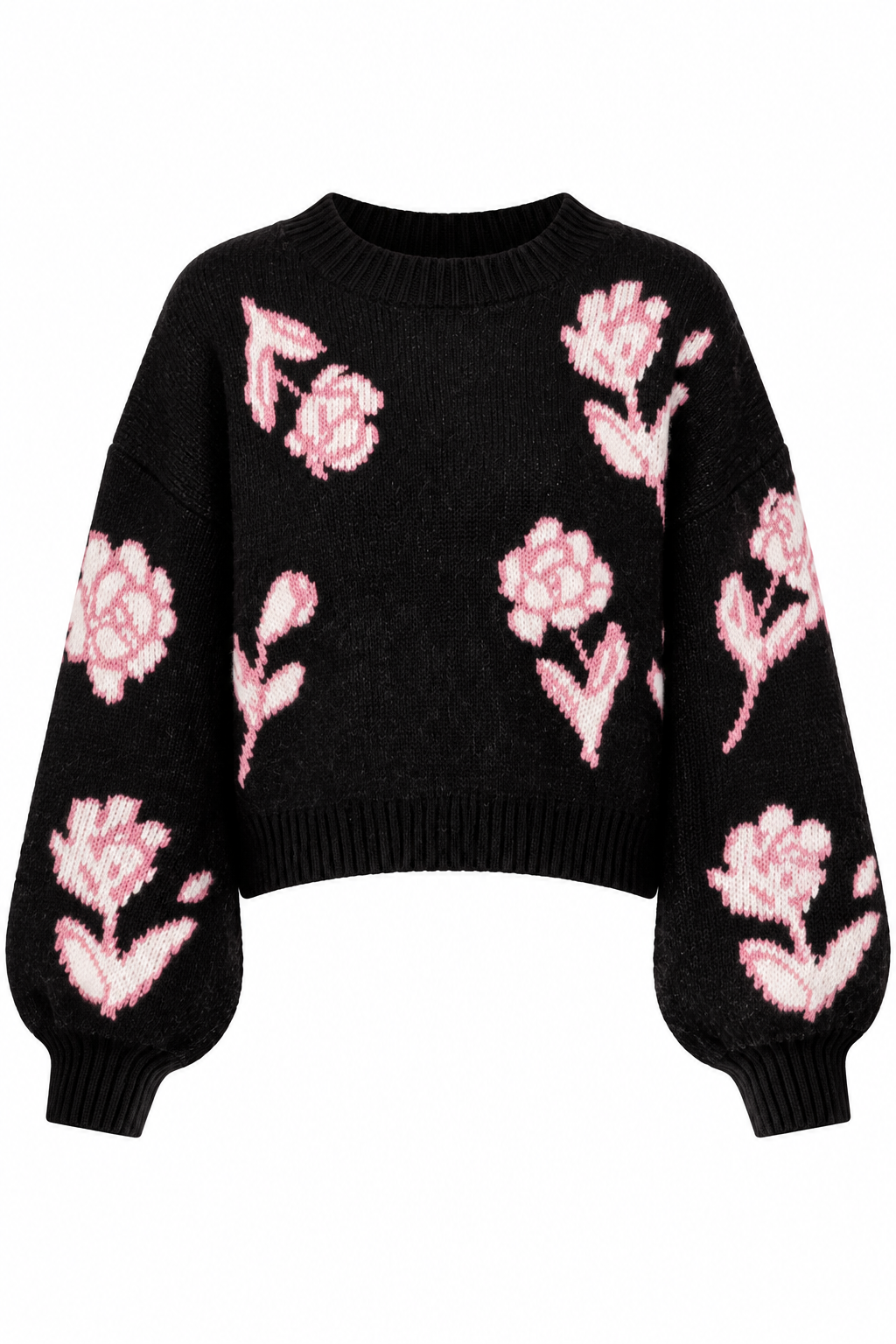 A black knit sweater with pink knitted floral motifs, featuring a crew neck and voluminous balloon sleeves, shown against a plain white background.