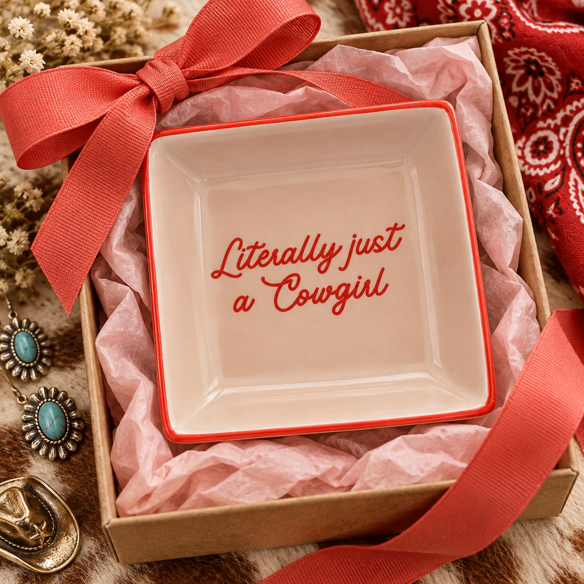 Literally Just A Cowgirl ceramic trinket tray styled as a western gift with ribbon and tissue paper