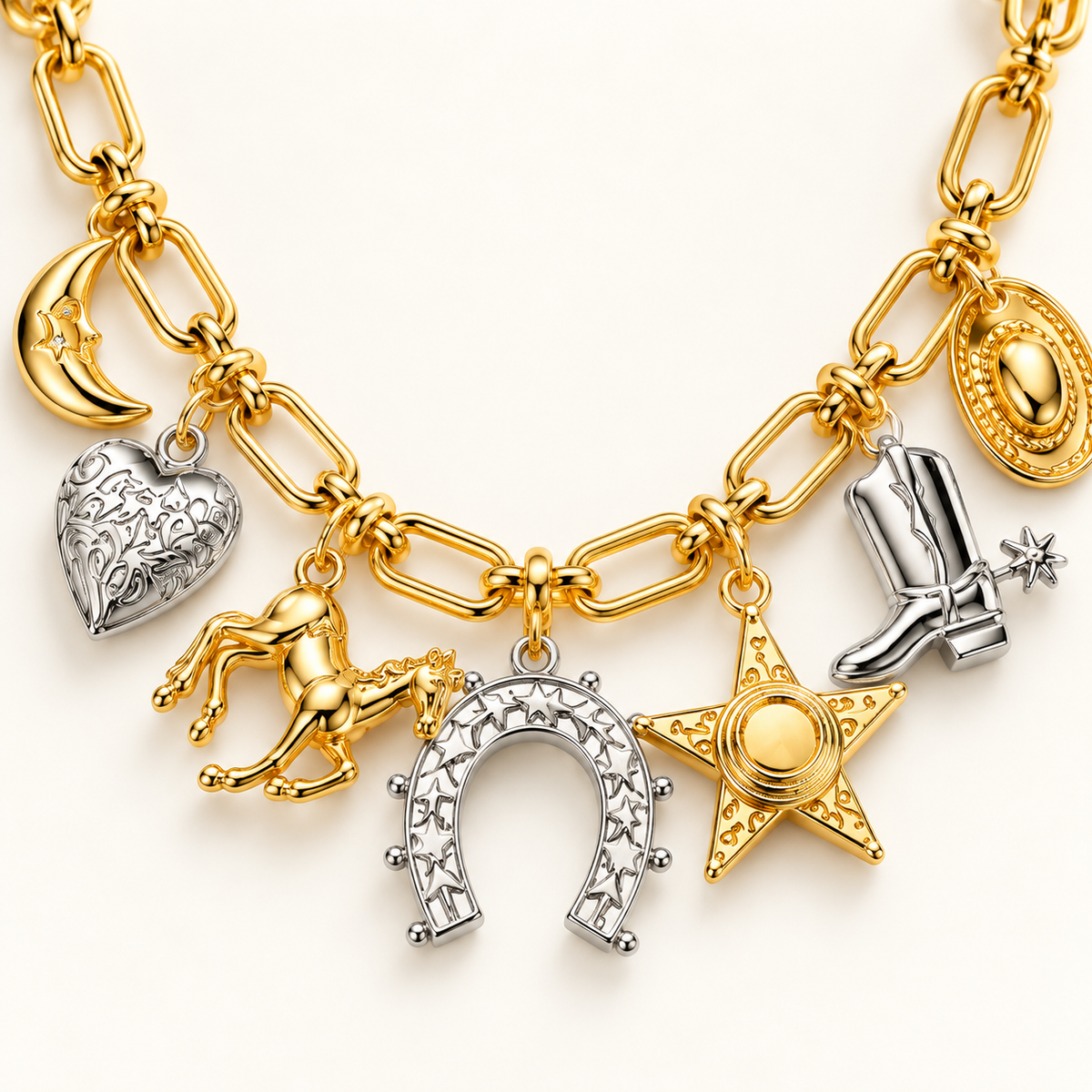A gold-tone chain necklace with western-themed charms, including a gold horseshoe, gold star, silver cowboy boot, silver heart, and silver rocking horse, shown on a clean off-white background.