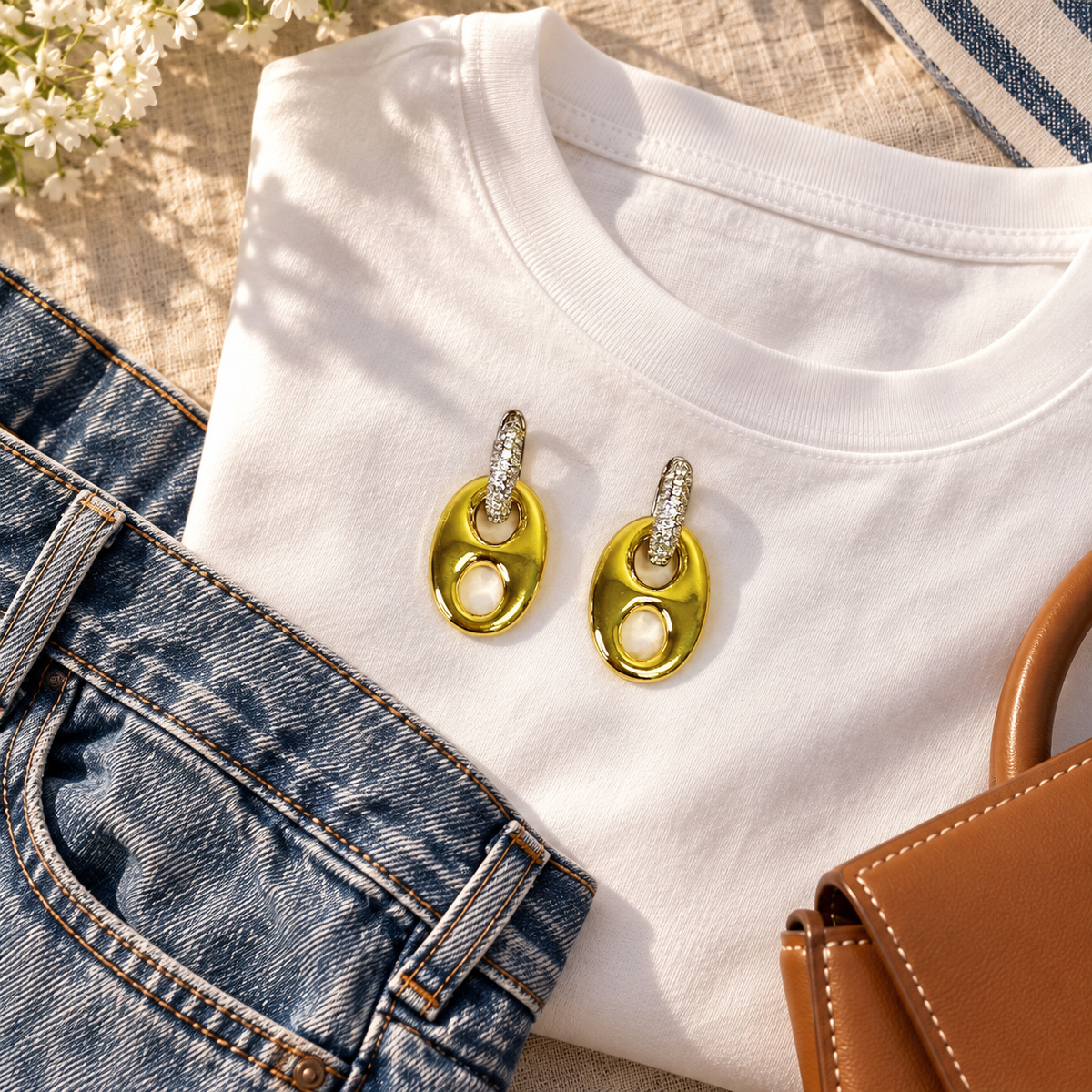 Two-tone horse bit earrings styled with a white tee, denim, and brown bag
