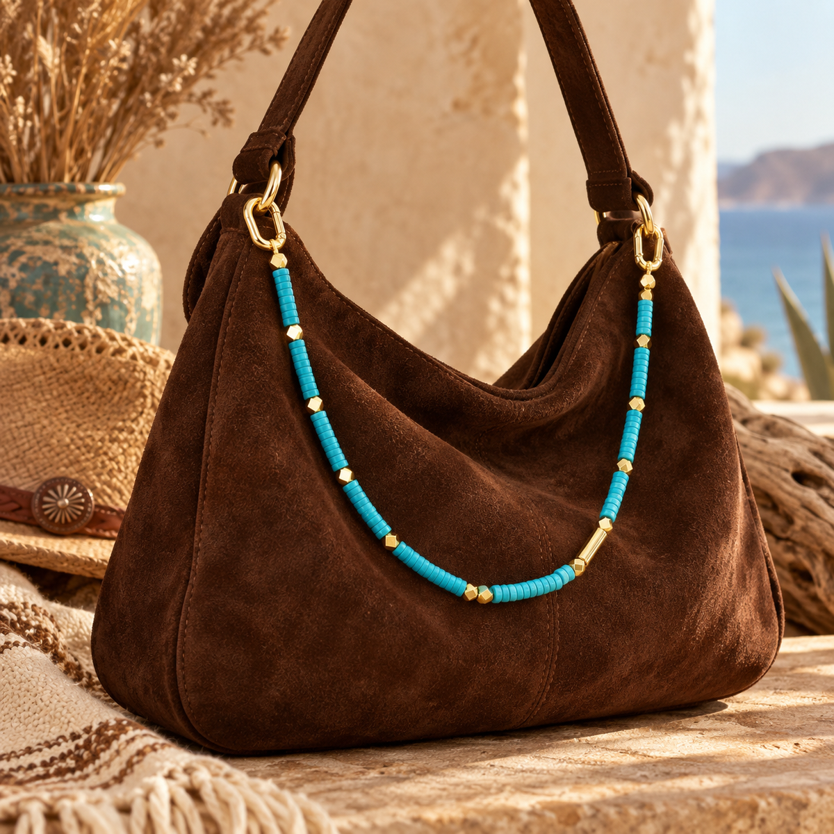 Faux turquoise and gold bag charm draped on chocolate brown suede hobo bag