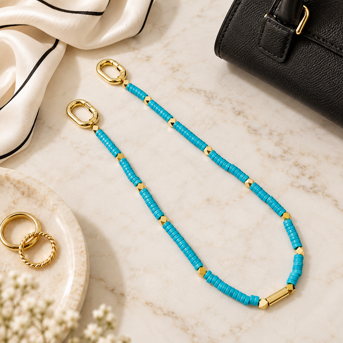 Feature image of faux turquoise bag charm showing 14-inch length, acrylic beads, and gold-tone hardware