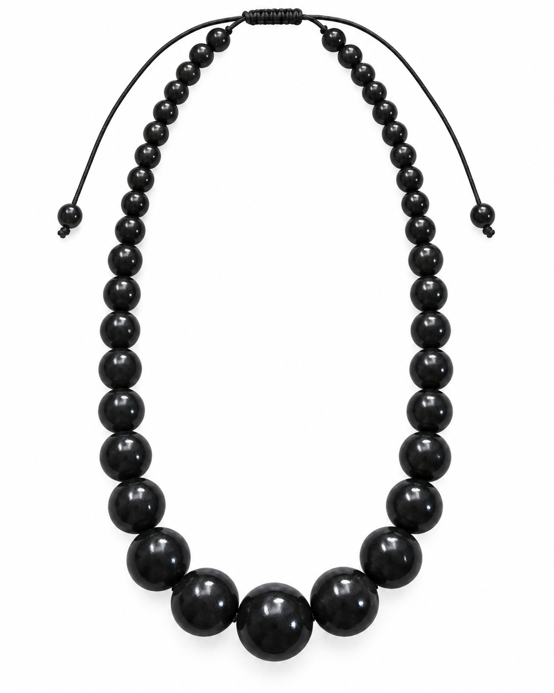 Midnight Muse graduated black bead necklace with glossy oversized beads and adjustable black cord on a white background