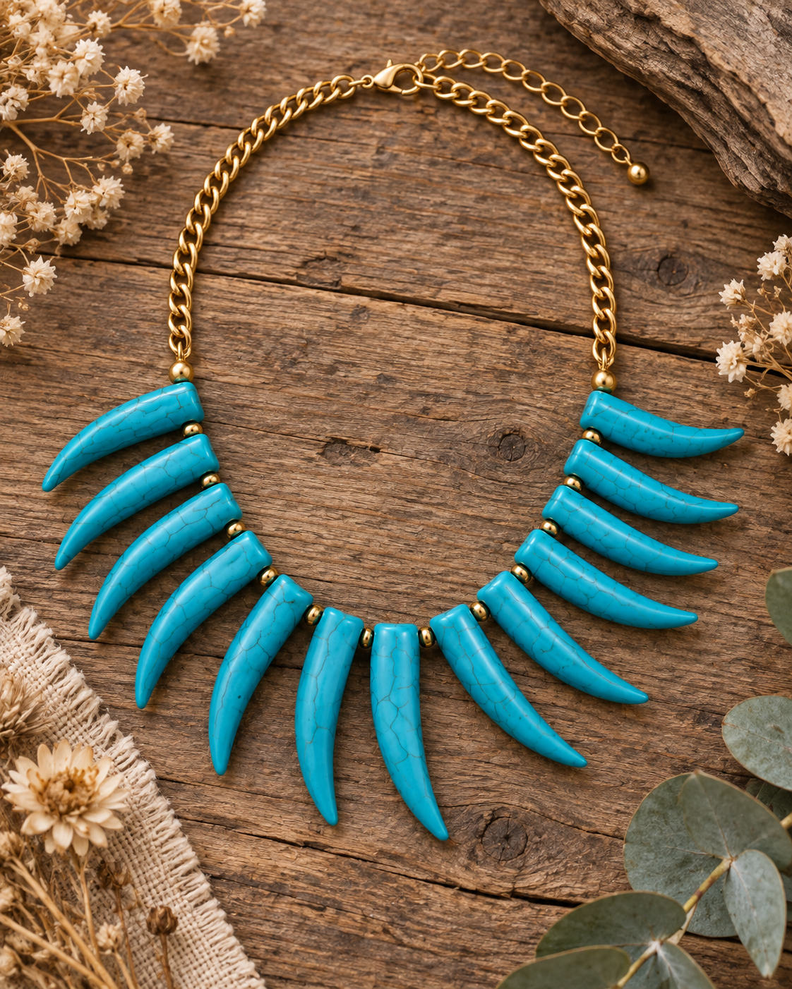A statement collar necklace featuring ten curved turquoise blue faux-tooth pendants attached to a gold chain, displayed on a rustic wooden surface with dried flowers and green leaves.
