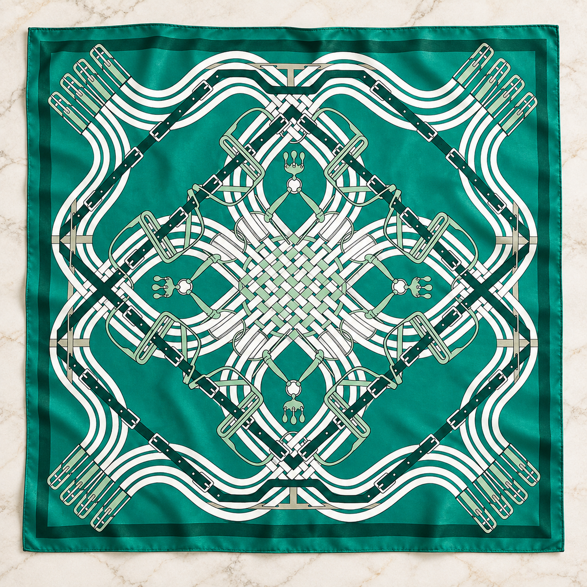 Green Bridle Maze equestrian square scarf featuring cream straps and classic bridle-inspired details.